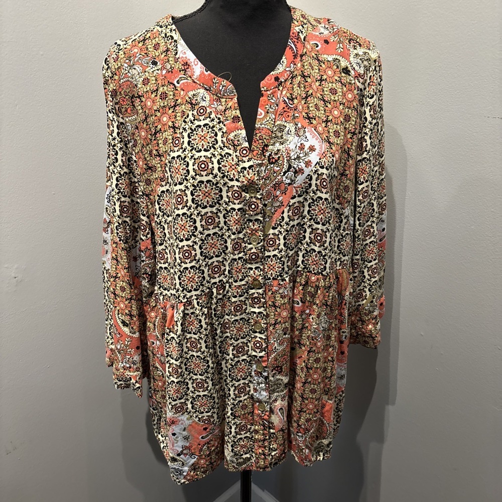 Jones & Co Pastel Floral Peasant Popover Round-Neck Blouse Boho Cottagecore 2XL‎